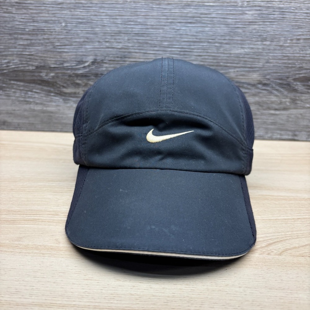 Vintage Nike Hat Cap Strap Back Black Swoosh Panel Tailwind Running Performance